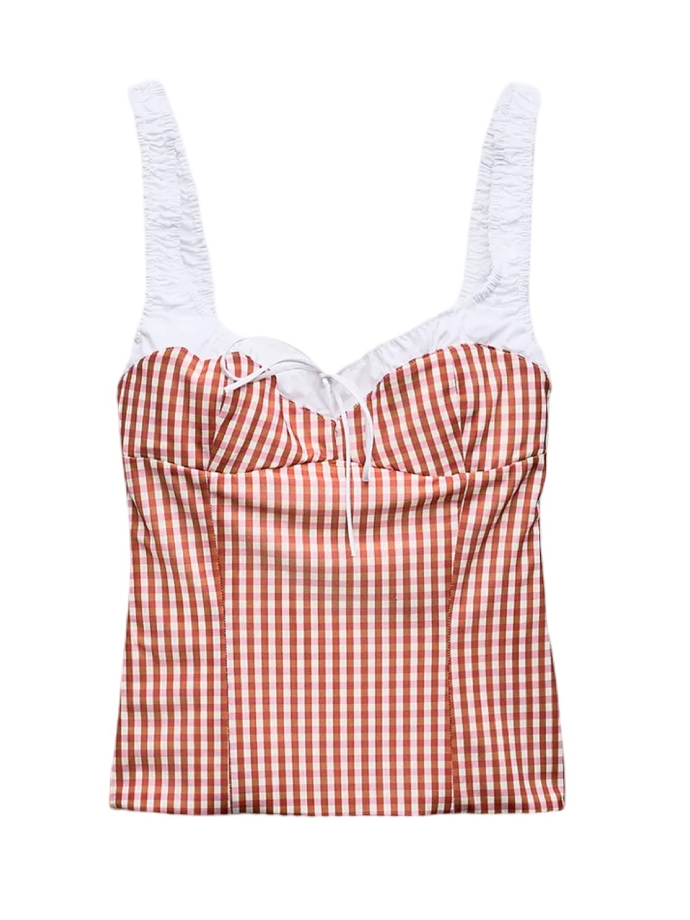 🧶🫧 Zara Mixed Gingham Bustier Camisole Top Corset in White & Rust Plaid 🫧🧶